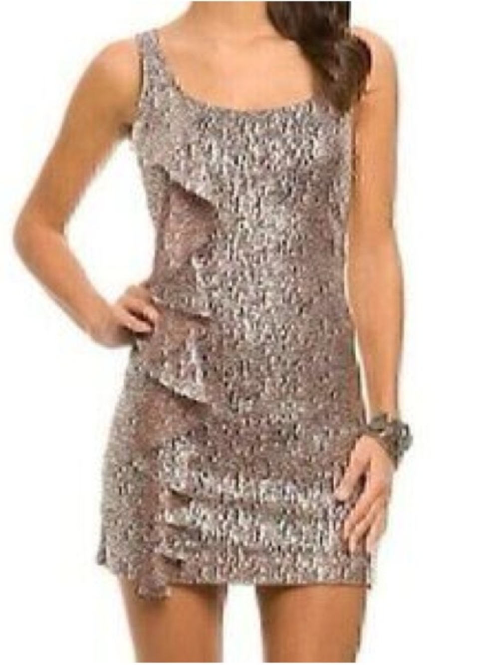 GUESS Rose Gold Sequin Mini Dress with Ruffle Panels